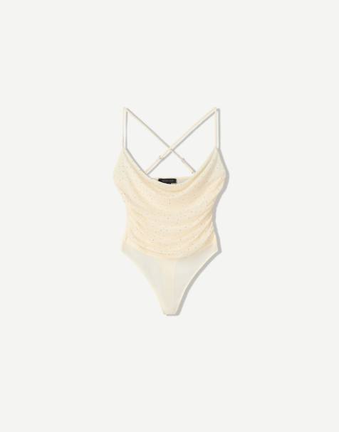 Bershka - Body en tulle à bretelles avec strass - Crème - view 1