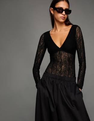 Bershka - Body manches longues en dentelle - Noir