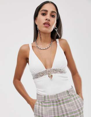 Bershka textured lace detail body in white White