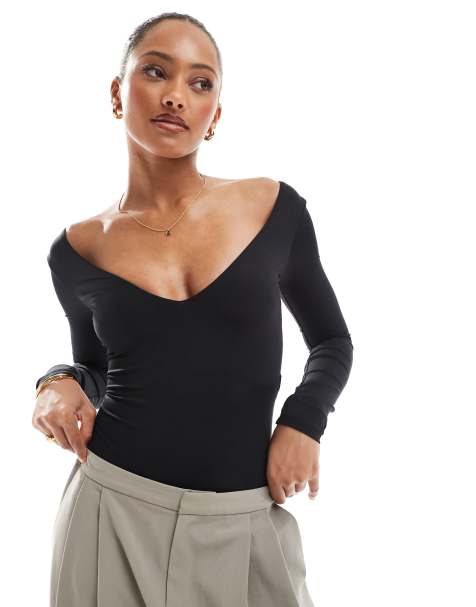Bershka - Body met V-hals in zwart - view 1