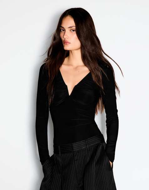 Bershka body nero con scollo a V e maniche lunghe - view 1