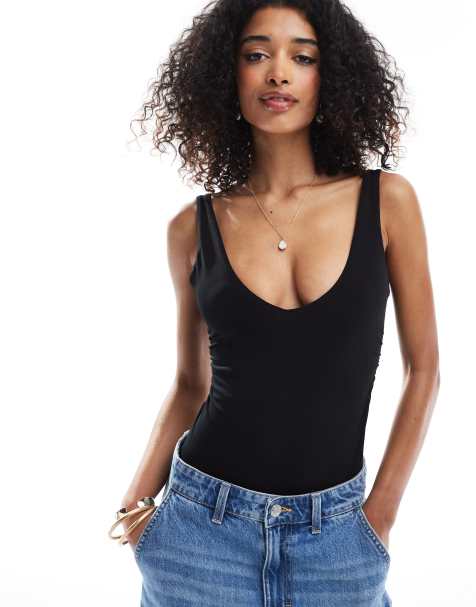 Bershka - Body nero con scollo profondo e arricciatura laterale - view 1