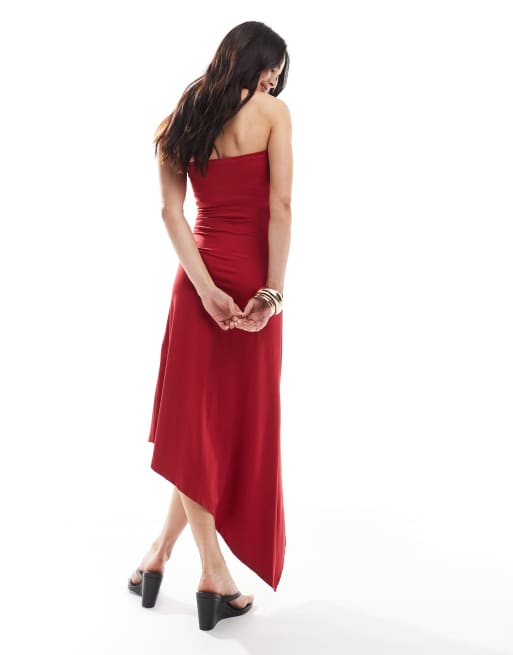 Bershka bodycon bandeau asymmetric maxi dress in red