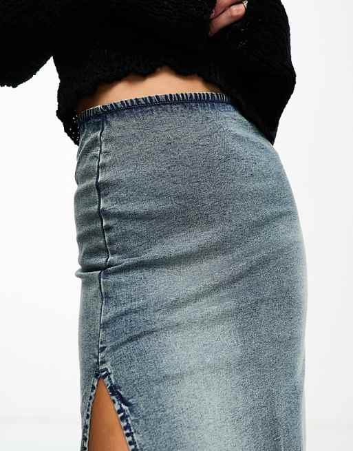 Bershka bodycon denim midi skirt in mid blue | ASOS Bershka bodycon denim midi skirt in mid blue | ASOS