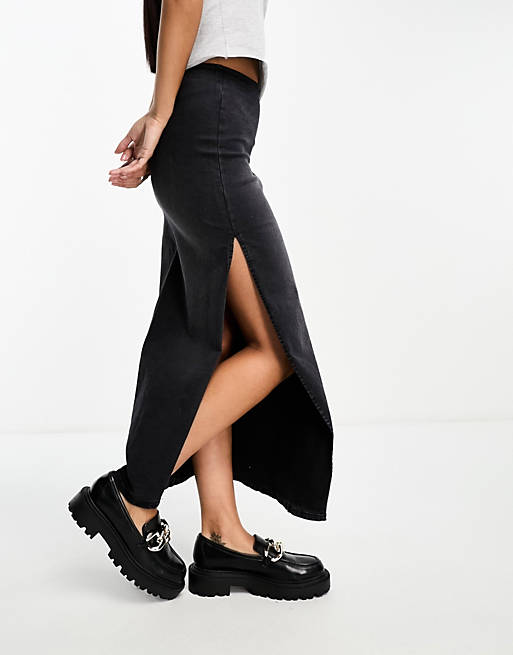 Bershka bodycon denim midi skirt in washed black | ASOS