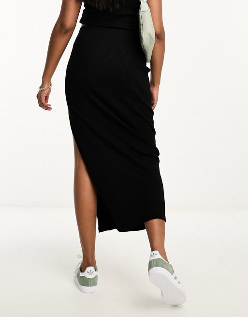 Black Midi Skirt - Ribbed Knit Midi Skirt - Ruched Bodycon Skirt
