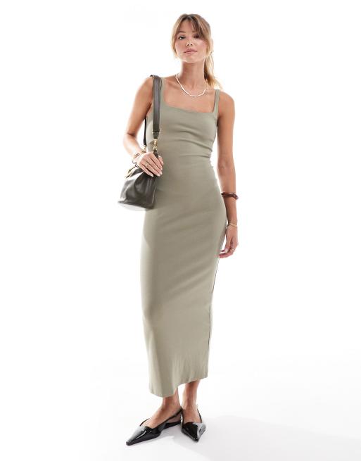Bershka - Bodycon midaxi jurk met vierkante hals in kaki, 2 van 4