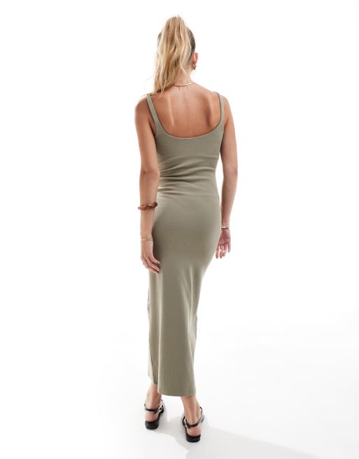 Bershka - Bodycon midaxi jurk met vierkante hals in kaki, 3 van 4
