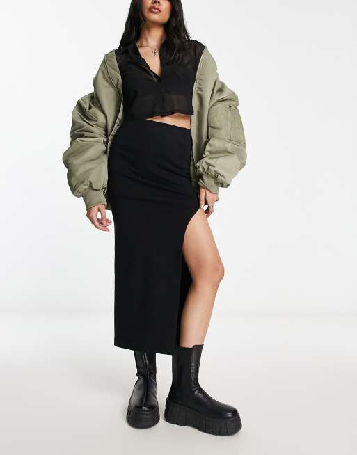 Bershka - Bodycon midi-rok met split in de zoom in zwart