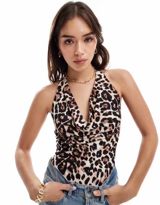 Bershka - Bodystocking i polyamid med vandfaldsudskæring og leopardprint