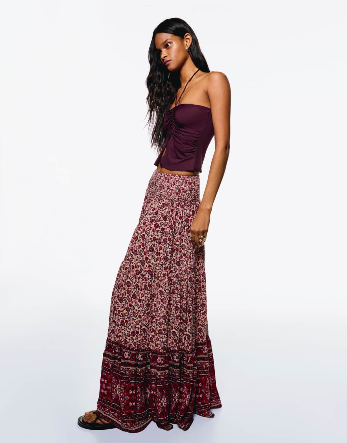 Bershka boho print maxi skirt in pink