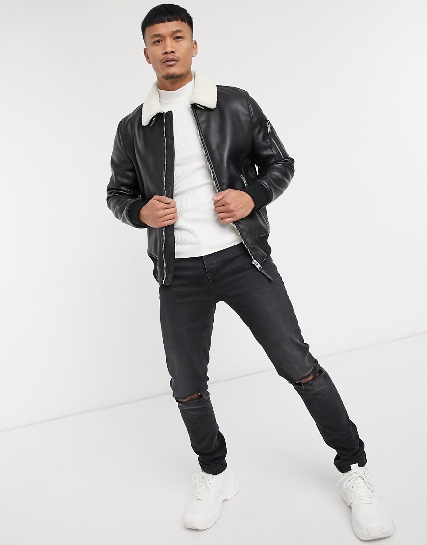 Bershka bomber jacket in faux leather with borg collar-Black