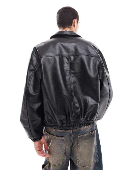 Bershka Bomber nero slavato in pelle sintetica ASOS