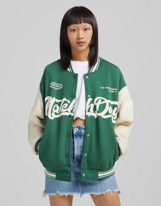 Bershka Bomber oversize style universitaire Vert