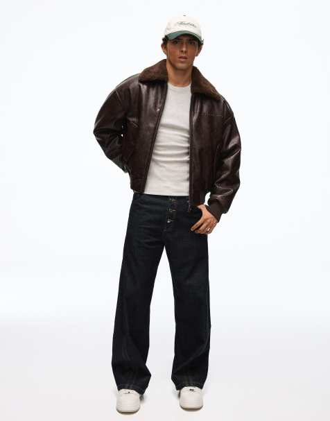 Bershka bomberjack met leerlook en faux-furkraag in bruin - view 1