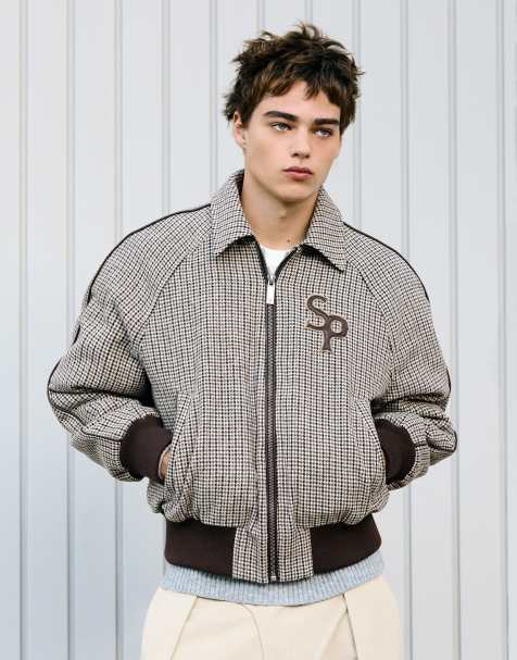 Bershka bomberjack met viltlook en pied-de-poule in bruin - view 1