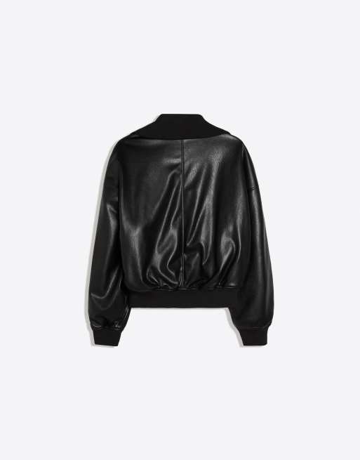 Bershka Bomberjacke aus Kunstleder mit Rippstruktur in Schwarz, 7 von 7