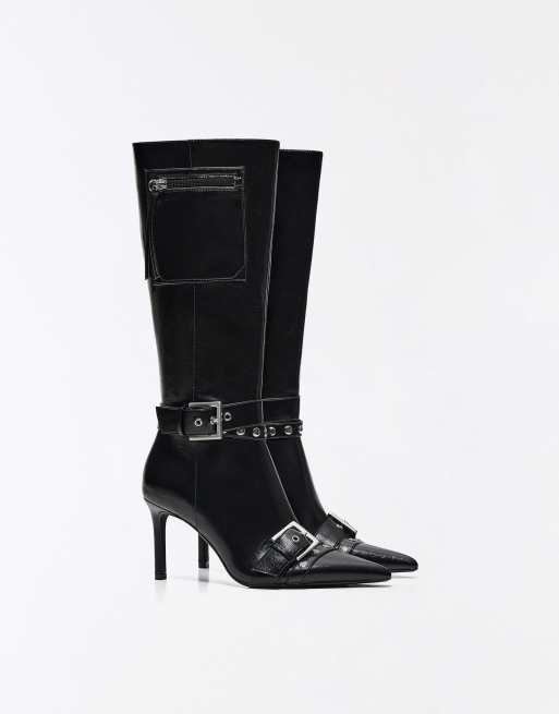 Bershka boots med klack och spännedetalj i svart, 2 av 7