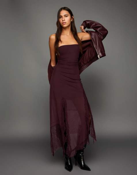 Bershka - Bordeaux bandeau-minikjole med asymmetrisk kant og blonder i tyl - view 1