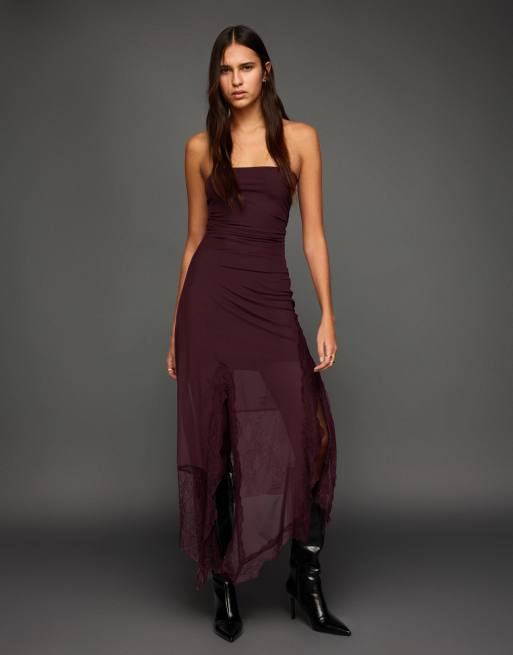 Bershka - Bordeaux bandeau-minikjole med asymmetrisk kant og blonder i tyl, 2 af 4