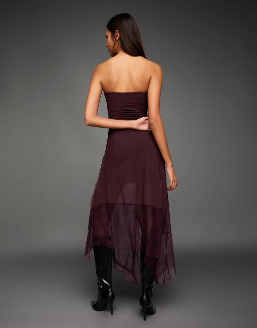 Bershka - Bordeaux bandeau-minikjole med asymmetrisk kant og blonder i tyl, 4 af 4