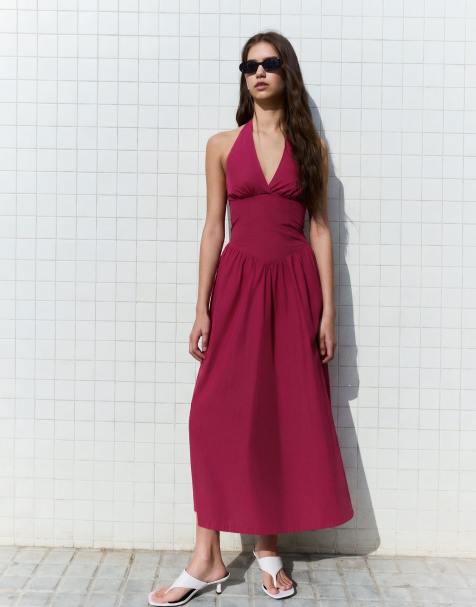 Bershka - Bordeaux lang kjole med halterneck i poplin - view 1