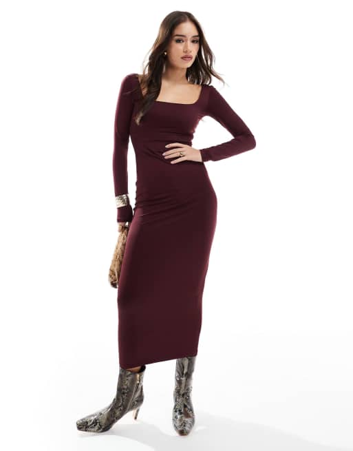 Bershka - Bordeaux midaxi-kjole med lange ærmer og firkantet hals i bodycon-pasform