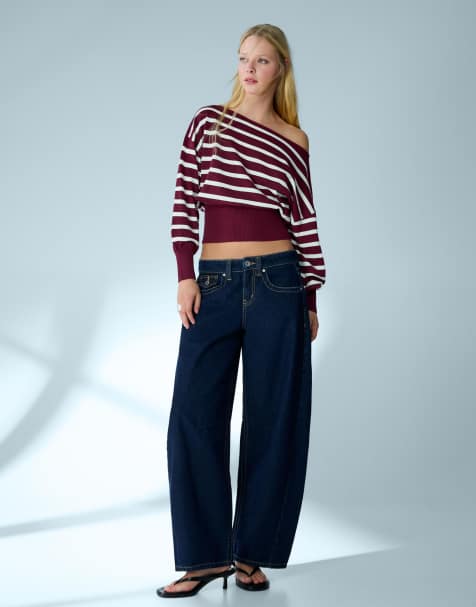 Bershka - Bordeaux trøje med asymmetrisk hals og print - view 1