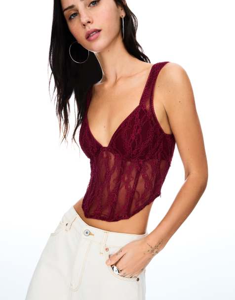 Bershka - Bordeauxrød blondetop med stropper - view 1
