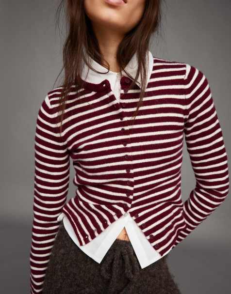 Bershka - Bordeauxrød cardigan i strik med striber - view 1