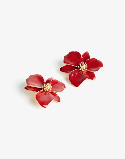 Bershka - Bordeauxrøde øreringe med blomsterdesign