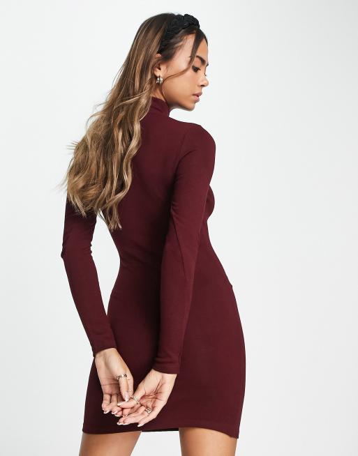 Bershka – Bordowa sukienka mini z odwijanym golfem, 2 z 4