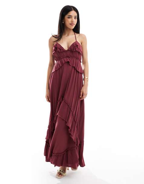 Bershka frill detail occasion maxi dress in burgundy