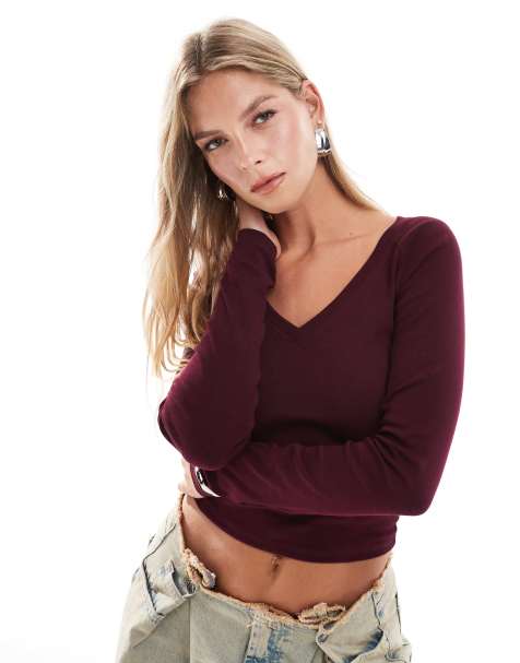 Bershka v-neck long sleeve top in burgundy 