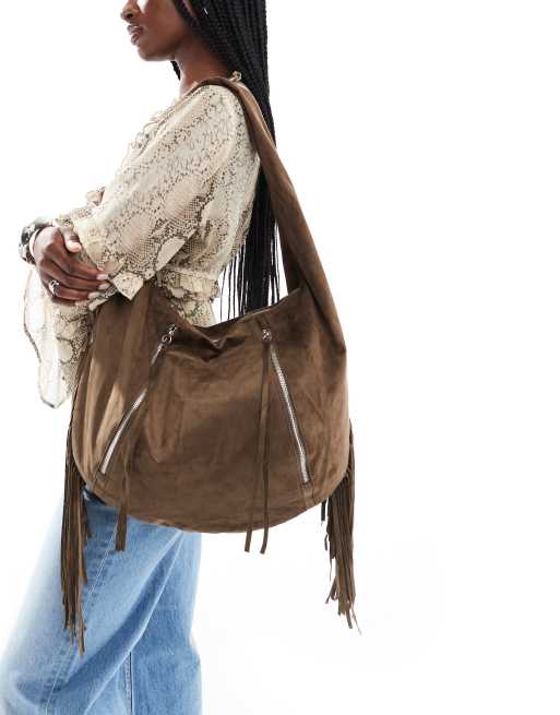 Bershka - Borsa a tracolla morbida effetto camoscio con frange 