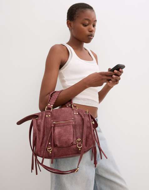 Bershka - Borsa bowling effetto vissuto bordeaux con fascette - view 1
