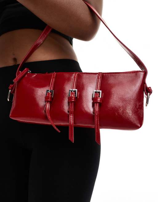 Bershka - Borsa da spalla rossa verniciata con fibbia, 2 di 4