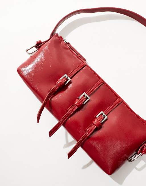 Bershka - Borsa da spalla rossa verniciata con fibbia, 3 di 4