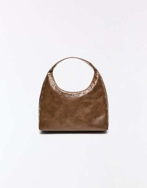 Bershka - Borsa grande effetto pelle con borchie marrone - view 1
