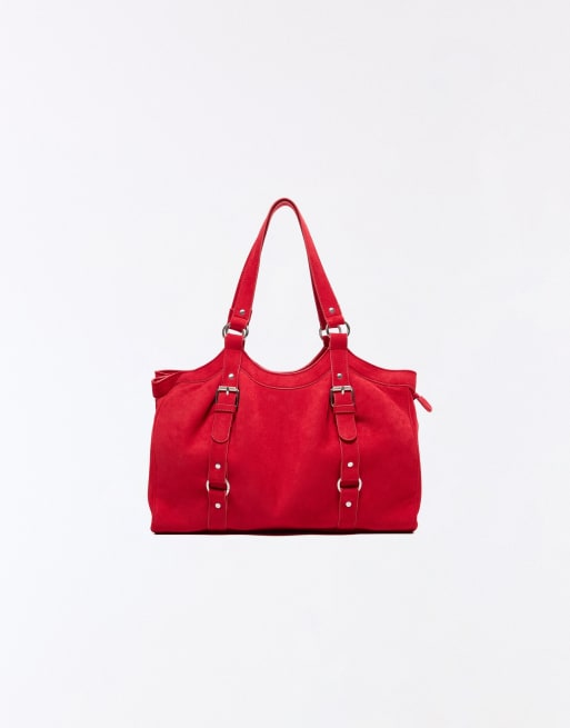 Bershka borsa in camoscio sintetico con fibbia rossa, 4 di 5