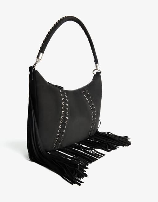 Bershka Borsa in camoscio sintetico nera con frange e occhielli - Main Image