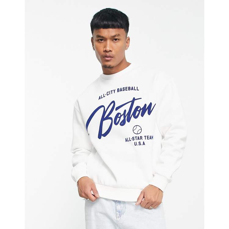 Bershka boston front print sweatshirt in white | ASOS