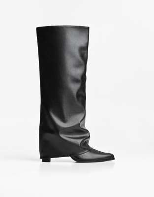 Bershka - Bottes à talon haut avec rabat - Noir