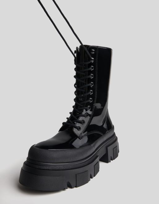 Bershka - Bottes chunky style motard à lacets hauteur mi-genou - Noir verni, 2 de 4