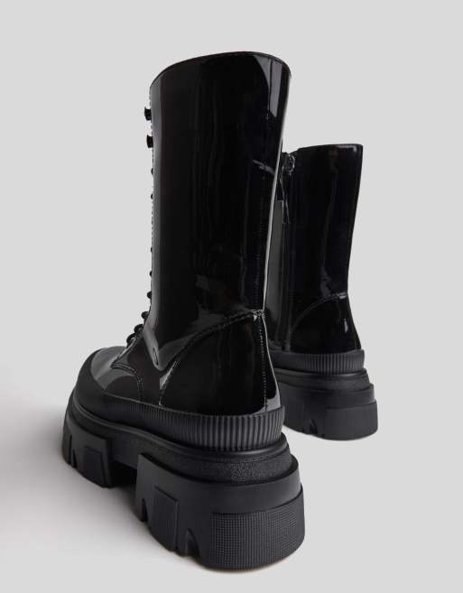 Bershka - Bottes chunky style motard à lacets hauteur mi-genou - Noir verni, 4 de 4