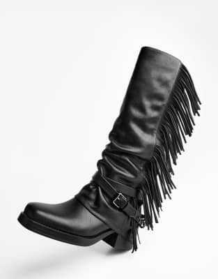 Bershka - Bottes plates style guêtres à franges - Noir