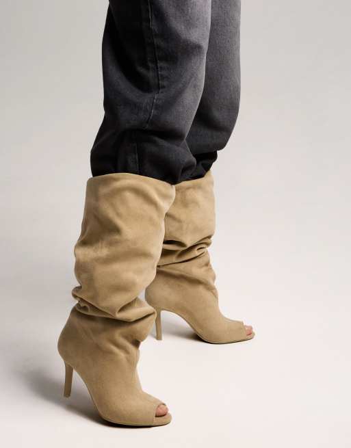 Bershka Stiletto-heel open boots in sand