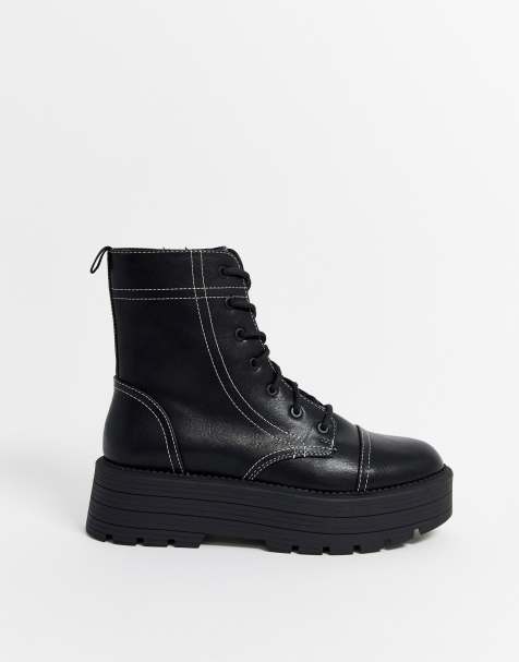 Bershka - Bottines à lacets style motard avec semelle plateforme et coutures contrastantes