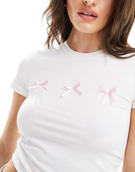 Bershka bow detail baby tee in white, 3 of 4