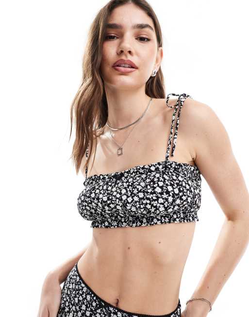 Bershka bow detail strappy top co-ord in black and white floral